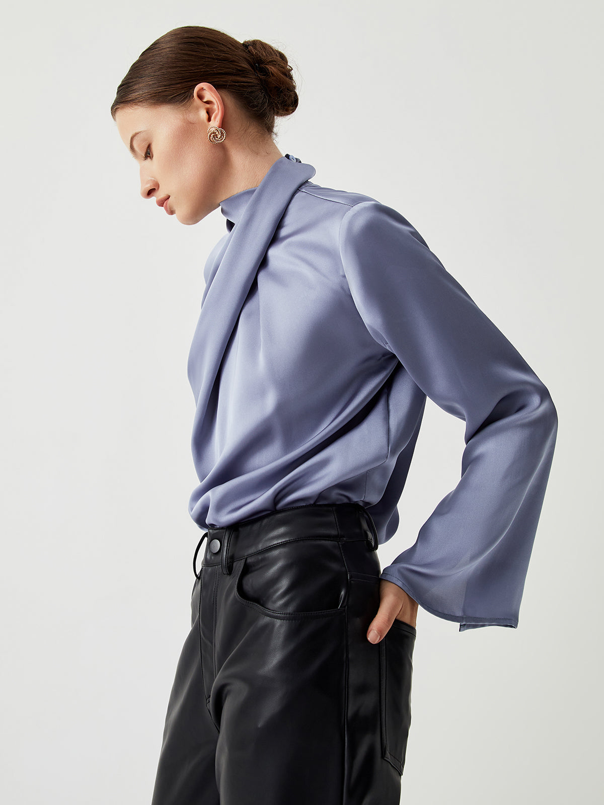 Asymmetric Pleated Turtleneck Satin Blouse