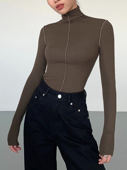 Slinky Turtleneck Contrast Trim Ribbed Knit Shirt
