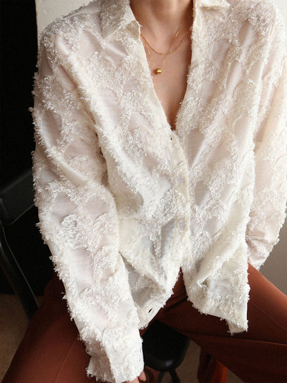 Semi-Sheer Jacquard Floral Collared Shirt