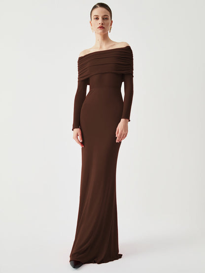 Semi-Sheer Off-Shoulder Mesh Long Sleeve Long Dress