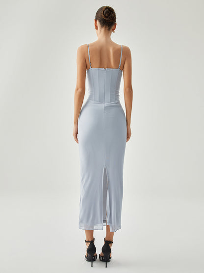 Ribbed Draped Slit Mesh Tank Long Dress