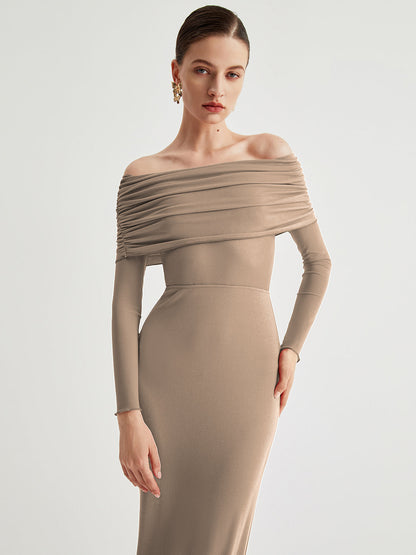 Semi-Sheer Off-Shoulder Mesh Long Sleeve Long Dress