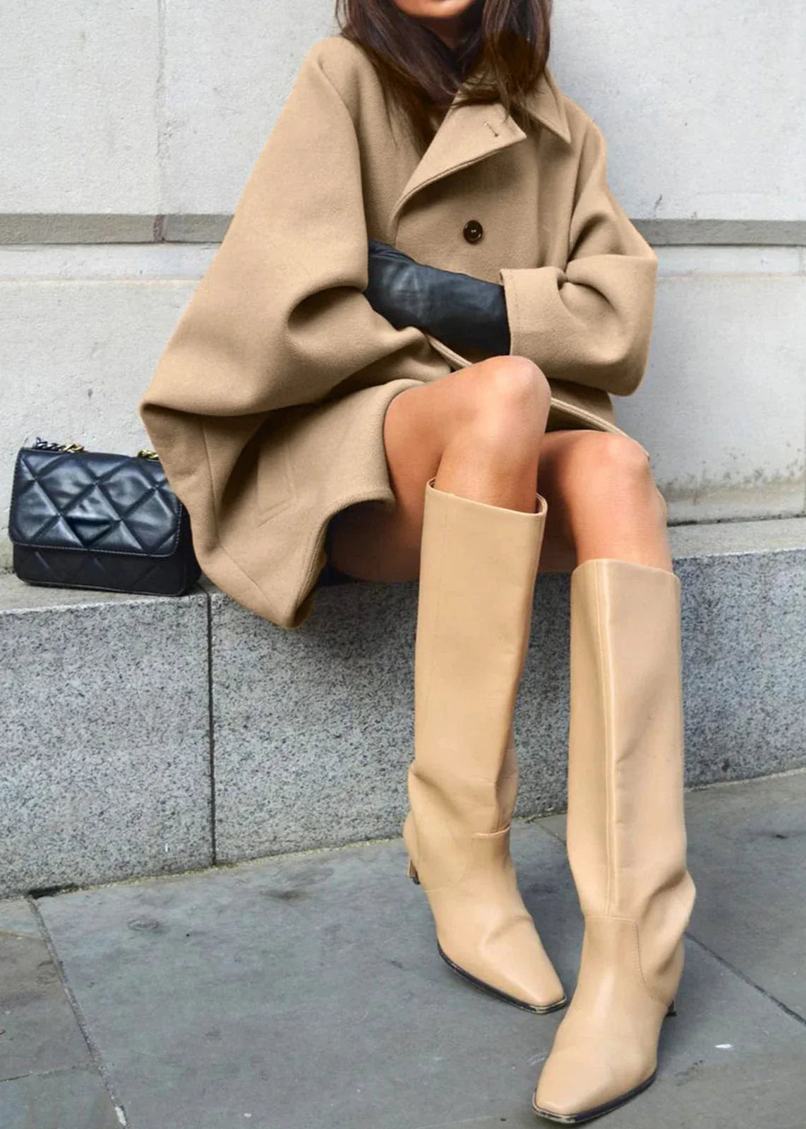 Minimalist Wool Blend Short Coat - Beige