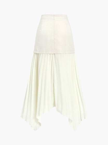 Patchwork Asymmetrical Pleated Buttoned Midi Skirt