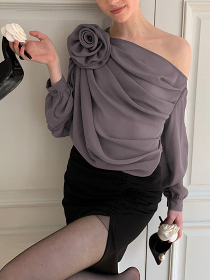 Chiffon Semi-sheer One Shoulder Asymmetrical Blouse