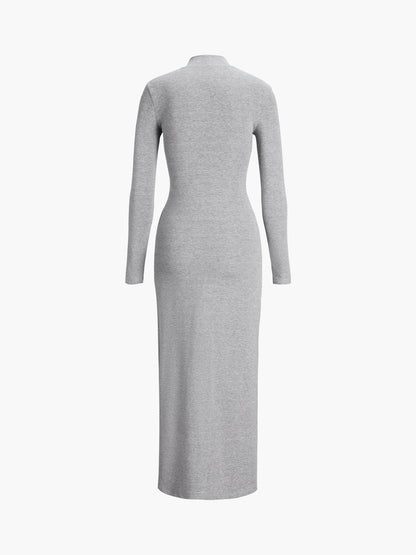 Slit Pleated Long Sleeve Bodycon Mock Neck Long Dress