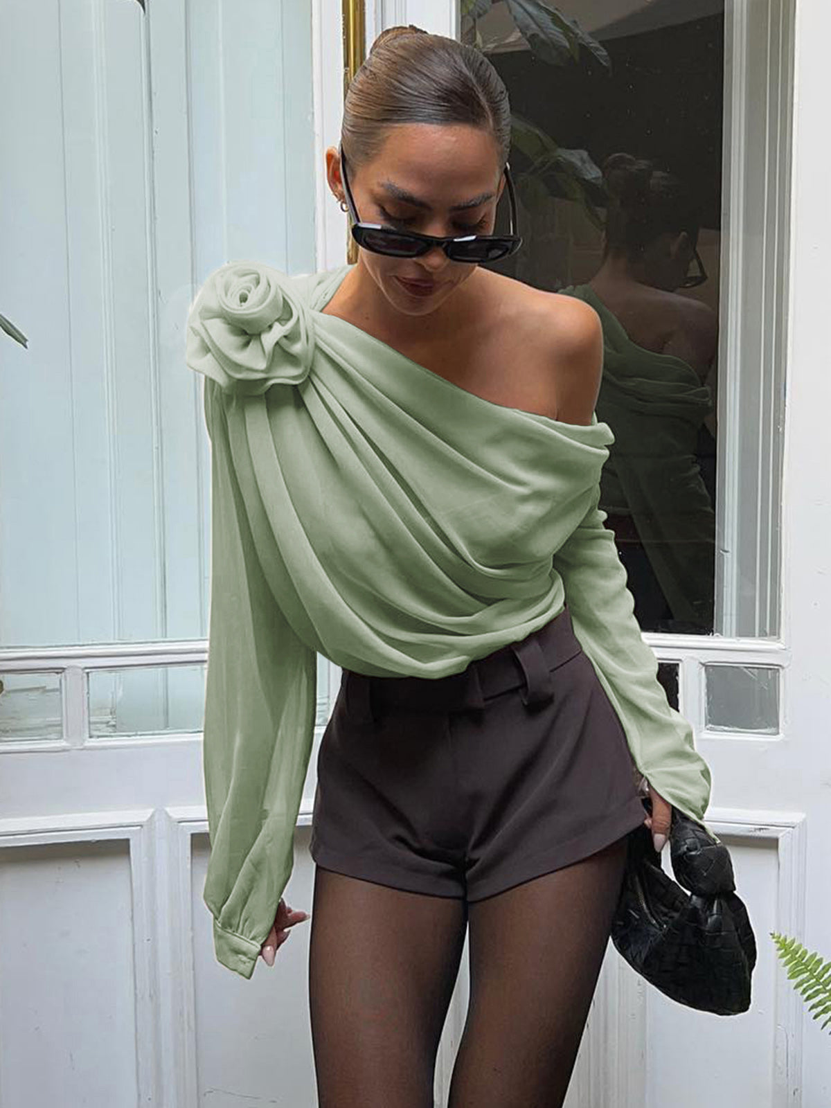 Chiffon Semi-sheer One Shoulder Asymmetrical Blouse