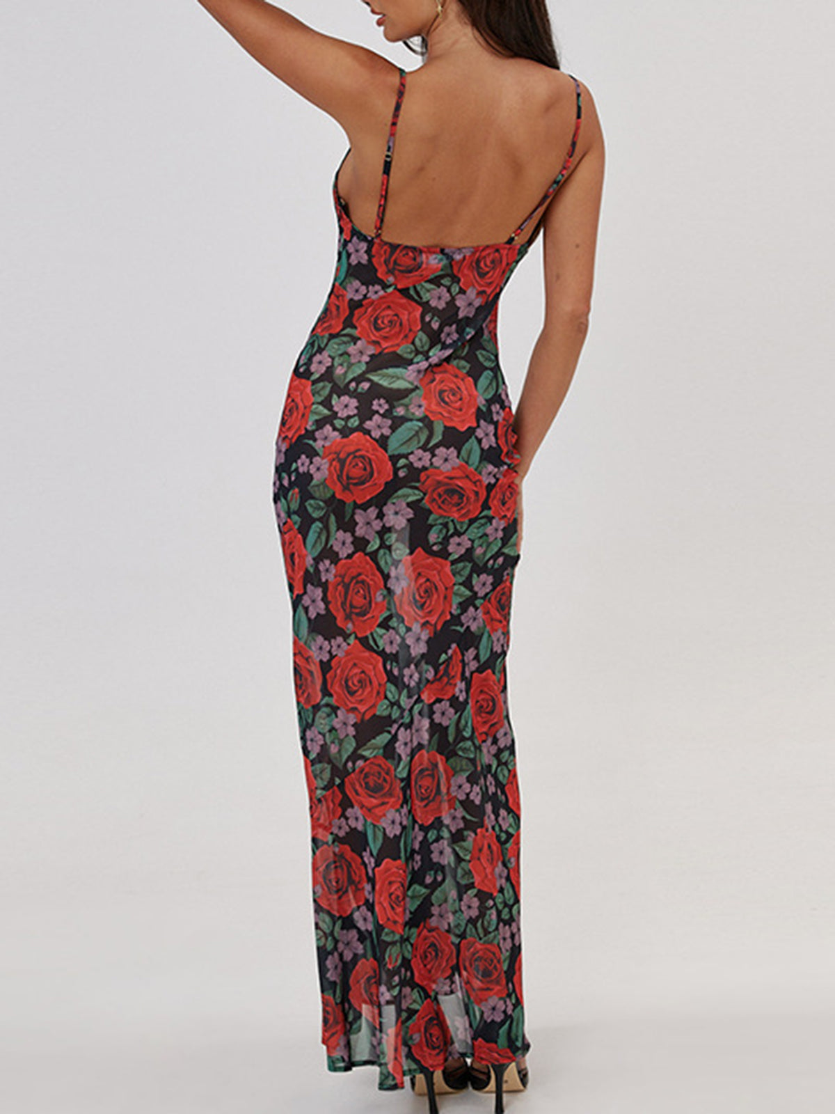 Semi-Sheer Floral Print Cami Long Dress