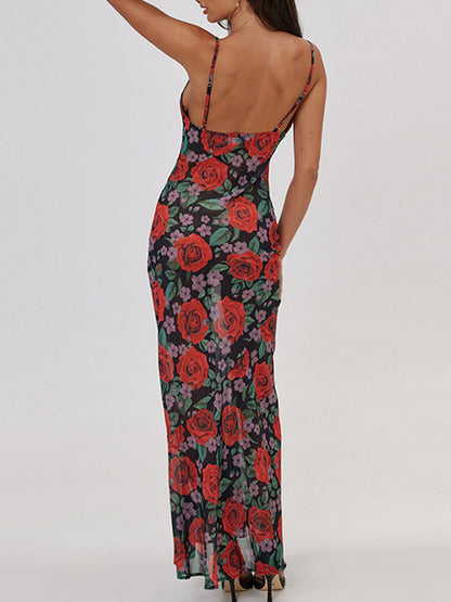 Semi-Sheer Floral Print Cami Long Dress