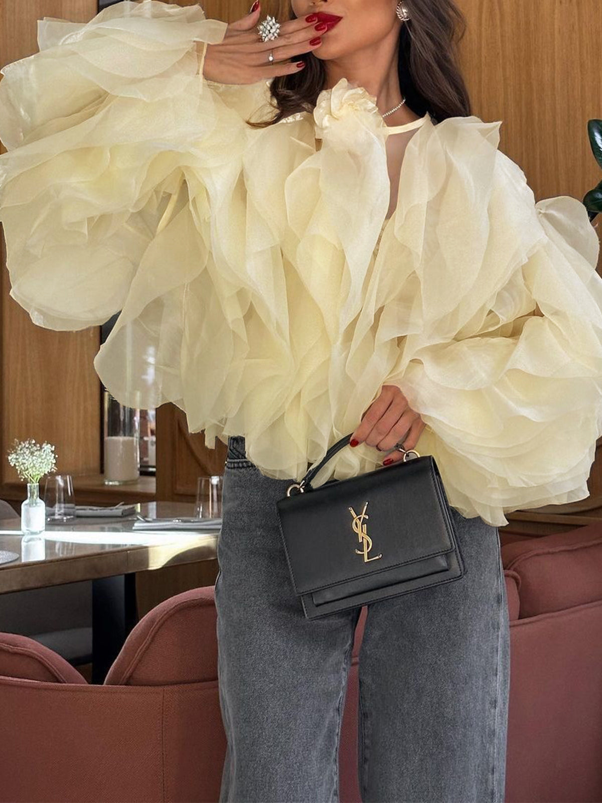 Semi-sheer Chiffon Ruffled Crew Neck Blouse