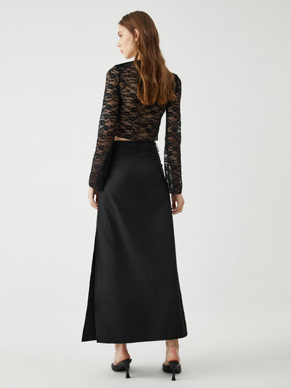 Semi-Sheer Cut-Out Lace Long Sleeve Top