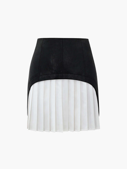 Faux Leather Patchwork Pleated Mini Skirt