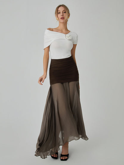 Net Chiffon Sheer Panel Maxi Skirt