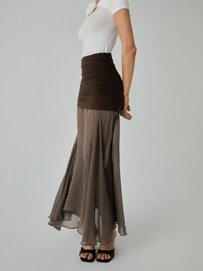 Net Chiffon Sheer Panel Maxi Skirt