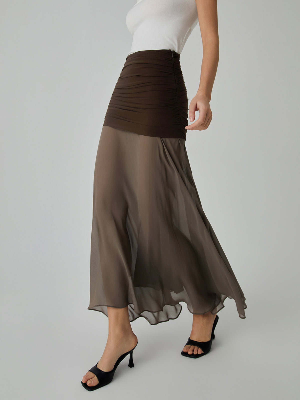 Net Chiffon Sheer Panel Maxi Skirt