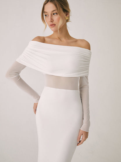 Semi-Sheer Off-Shoulder Mesh Long Sleeve Long Dress