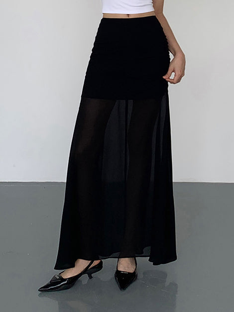Semi-Sheer Solid Two Layer Maxi Skirt
