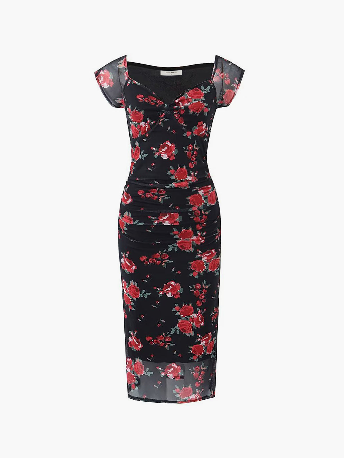 Semi-Sheer Floral Print Ruched Side Midi Dress