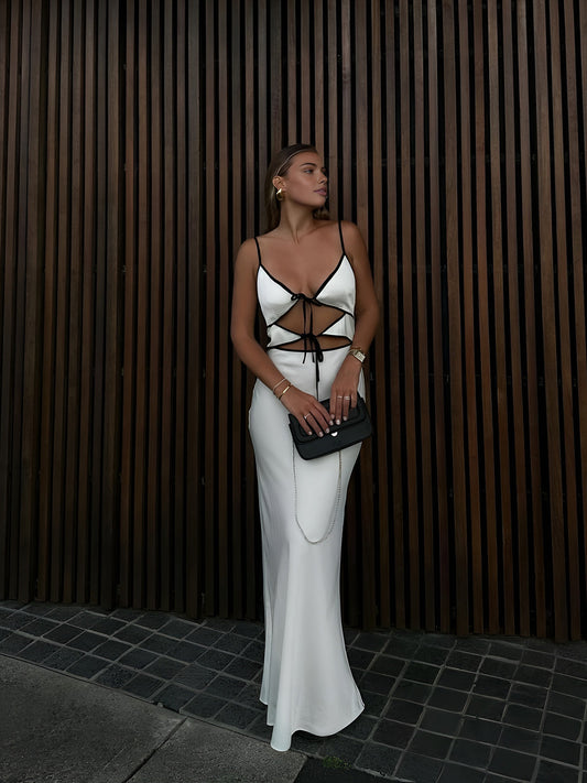 Semi-Sheer Contrast Trim Tie-Front Long Dress