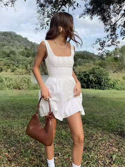 Semi-Sheer Solid Square Neckline Short Dress