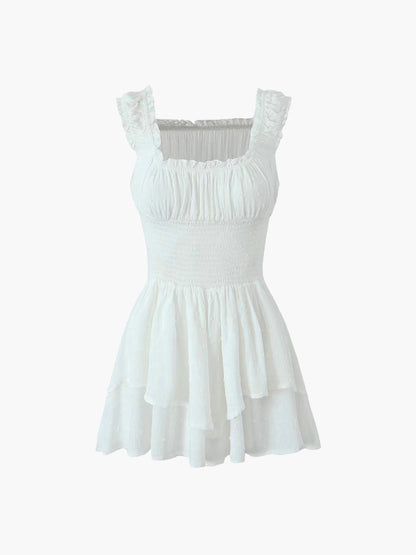 Lettuce Trim Shirred Waist Layered Short Dress