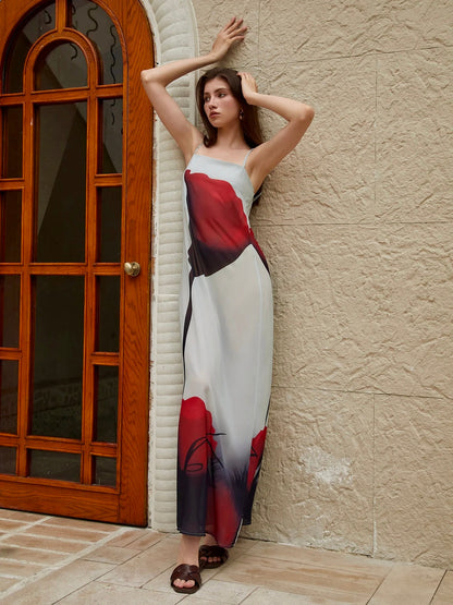 Sheer Large Floral Print Cami Long Dress