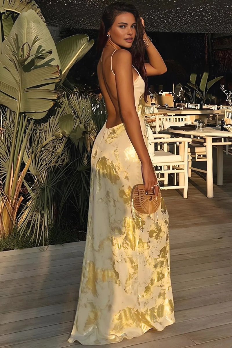 Golden Backless Night Out Resort Sleeveless Maxi Dress