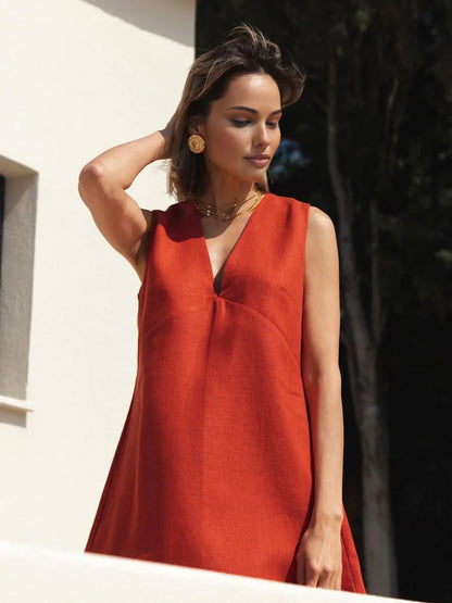 Always Casual Cotton & Linen V-Neck Short Dress