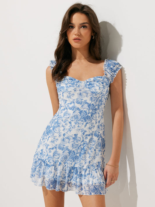 Semi-Sheer Floral Print Ruffle Short Dress