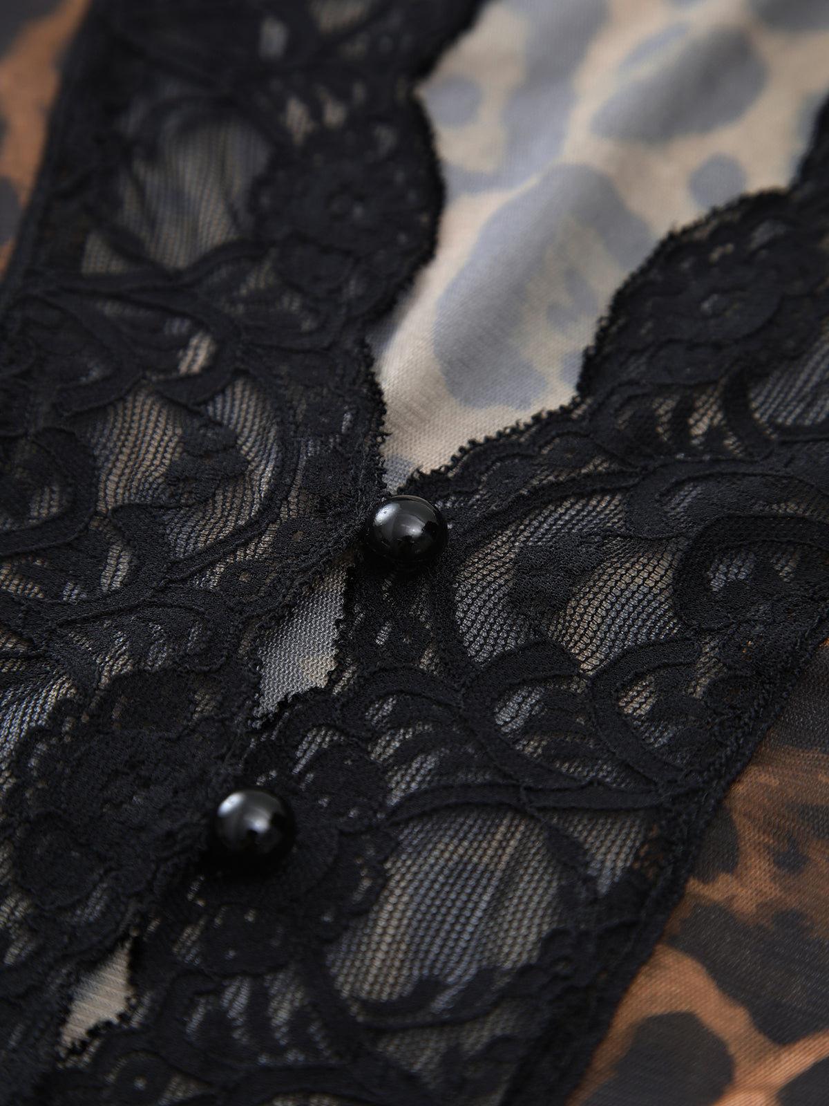 Sheer Leopard Print Long Sleeve Lace Trim Blouse