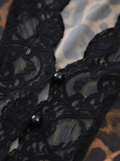 Sheer Leopard Print Long Sleeve Lace Trim Blouse