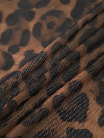 Sheer Leopard Print Long Sleeve Lace Trim Blouse