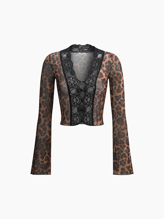 Sheer Leopard Print Long Sleeve Lace Trim Blouse