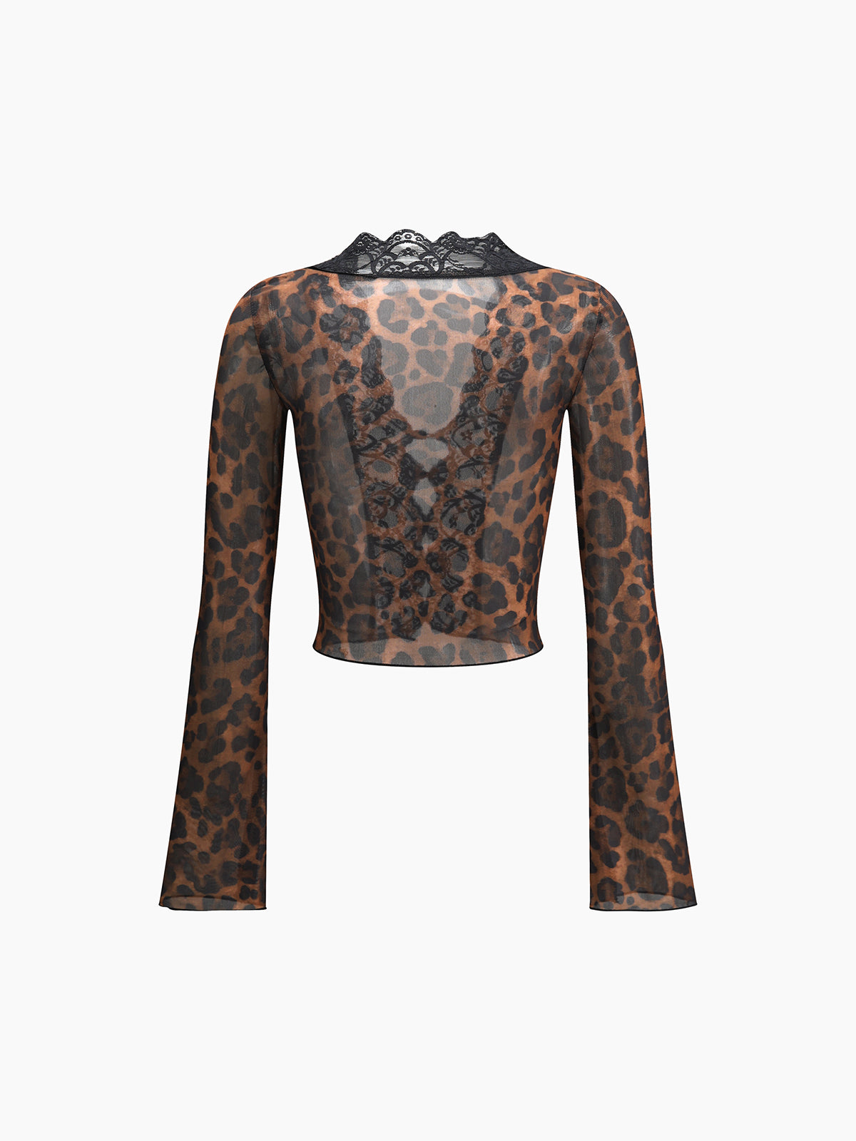 Sheer Leopard Print Long Sleeve Lace Trim Blouse