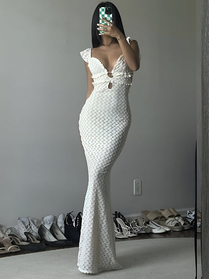 Semi-Sheer Pearl Keyhole Neckline Cami Long Dress