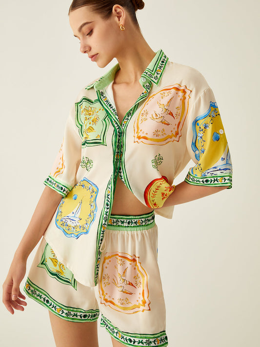 Loosen Printed Satin Shorts Set