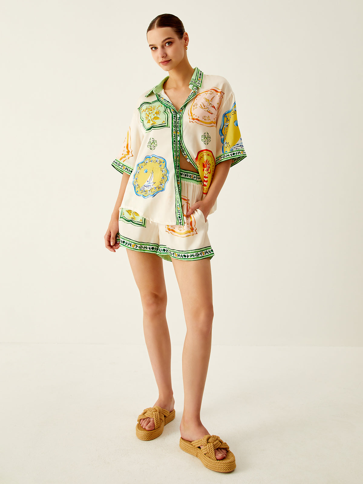 Loosen Printed Satin Shorts Set