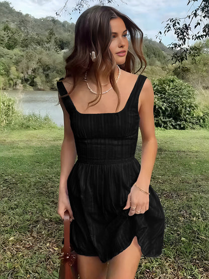 Semi-Sheer Solid Square Neckline Short Dress