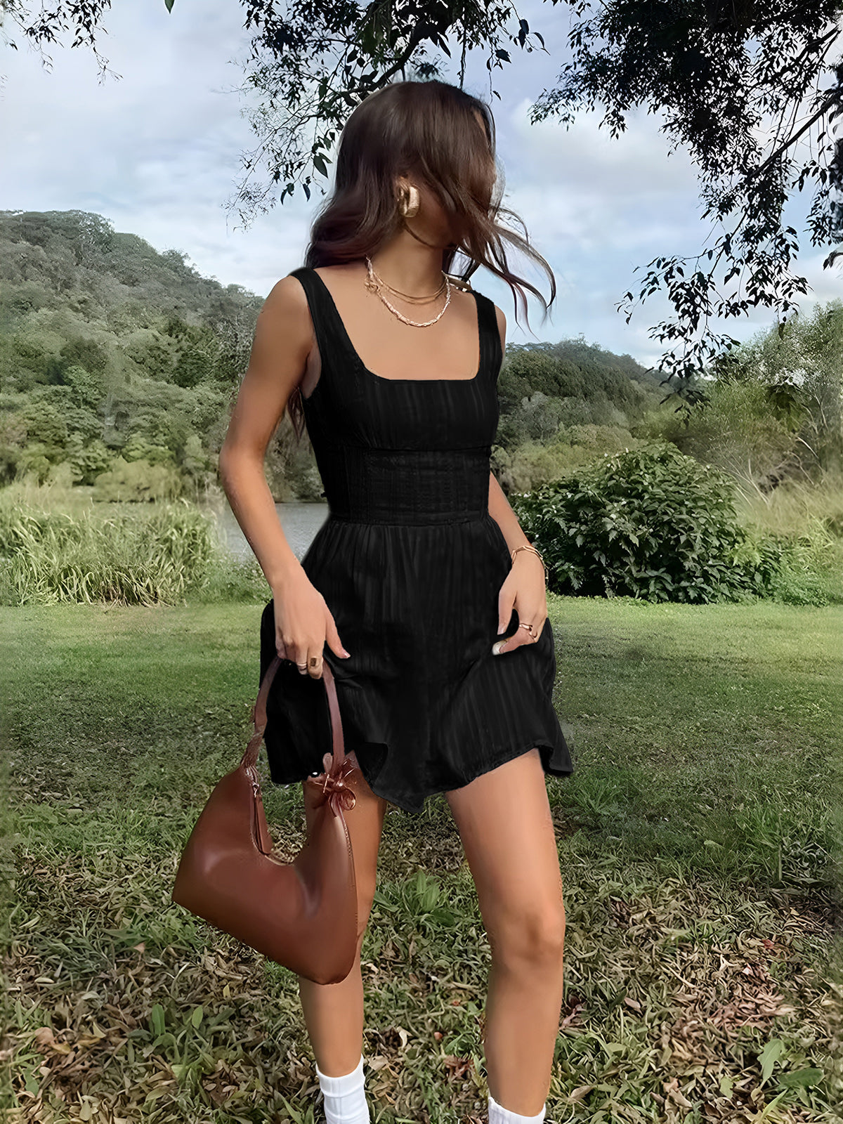 Semi-Sheer Solid Square Neckline Short Dress