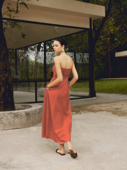 Cotton & Linen Shirred Pocket Long Dress