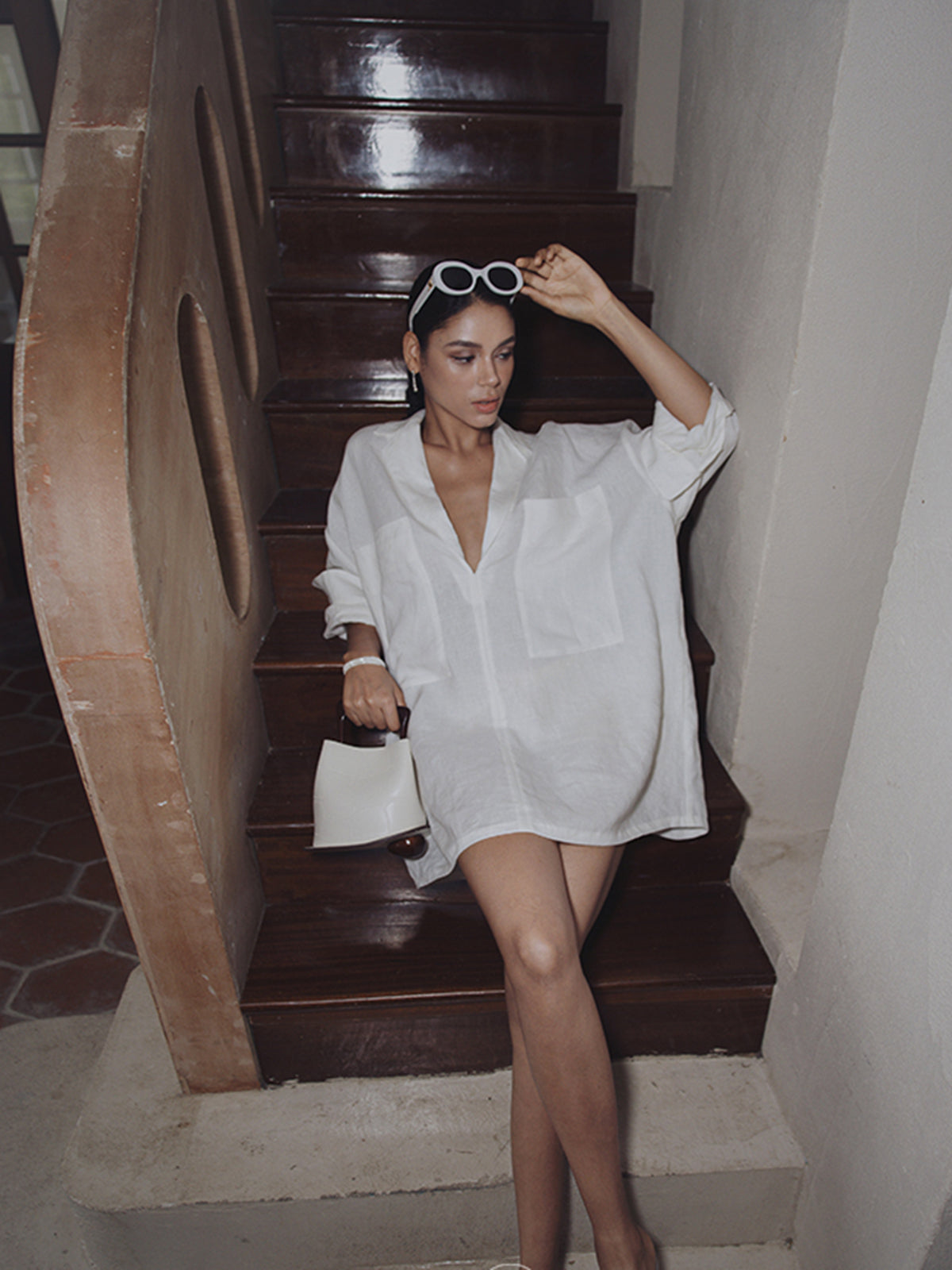 Linen Pockets Semi-Sheer Long Sleeve Dress