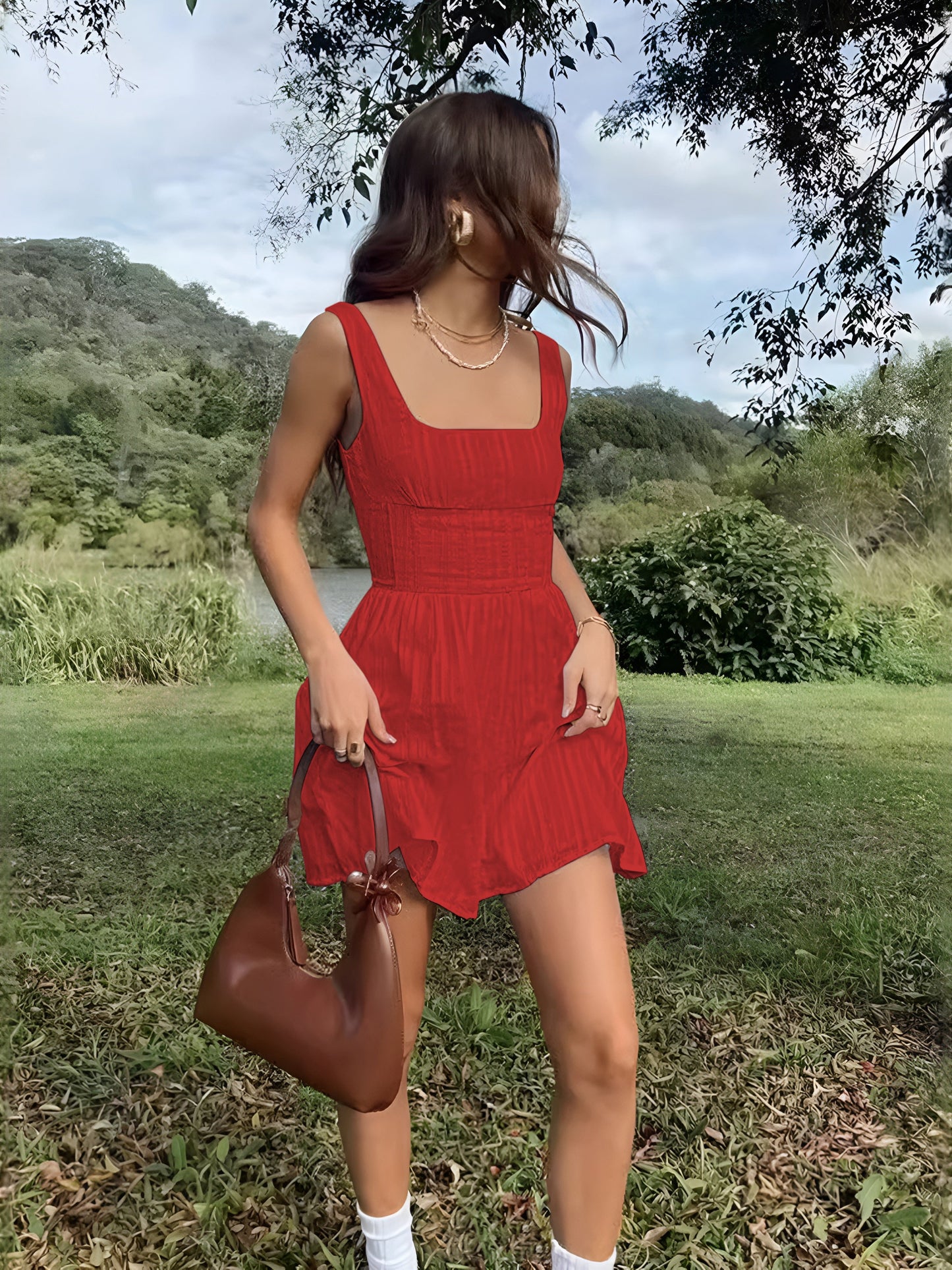 Semi-Sheer Solid Square Neckline Short Dress