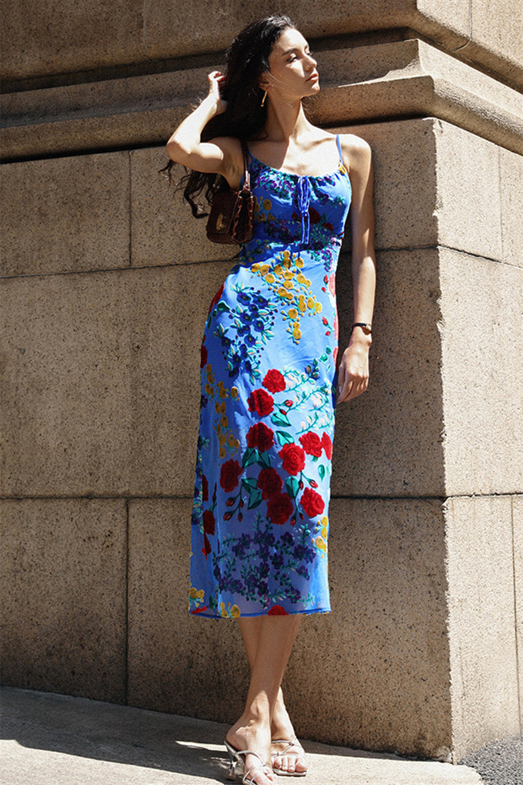 Julie Floral Velvet Burnout Backless Midi Dress