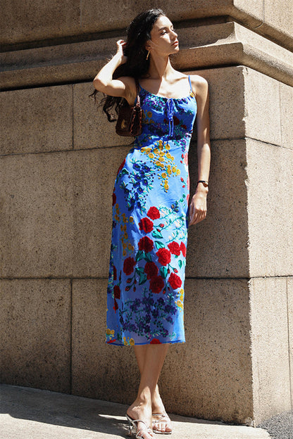 Julie Floral Velvet Burnout Backless Midi Dress