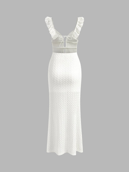 Semi-Sheer Pearl Keyhole Neckline Cami Long Dress