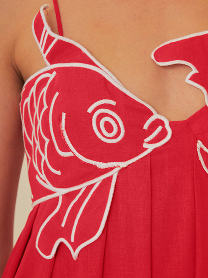 Embroidered Fish Semi-Sheer Cami Dress