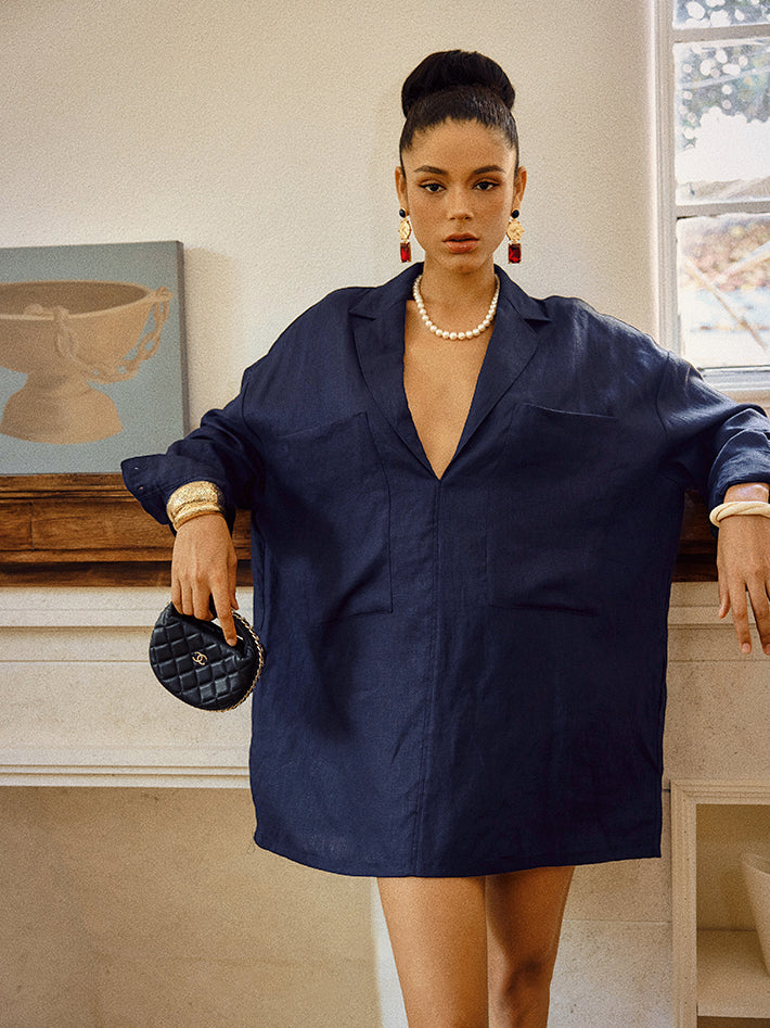 Linen Pockets Semi-Sheer Long Sleeve Dress