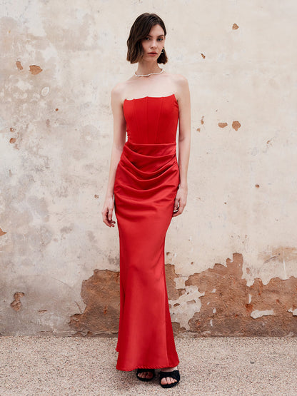 Pleated Zipper Tube Long Dress