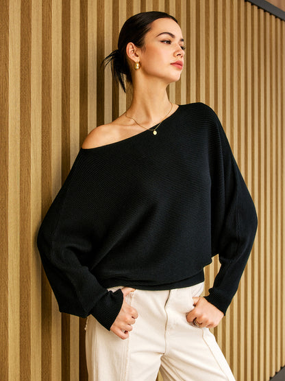 Plain Cold Shoulder Loose Sweater