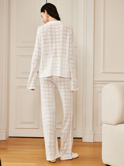 Hollow Plaid Drawstring Pants Set